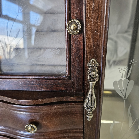 VINTAGE Wood Armoire Jewelry Box Double Etched Flower Glass Doors - Picture 8 of 11